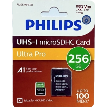 کارت حافظه microSDHC فیلیپس مدل Ultra Pro کلاس 10 استاندارد UHS-I U3 سرعت 100MB/s ظرفیت 256 گیگابایت به همراه آداپتور