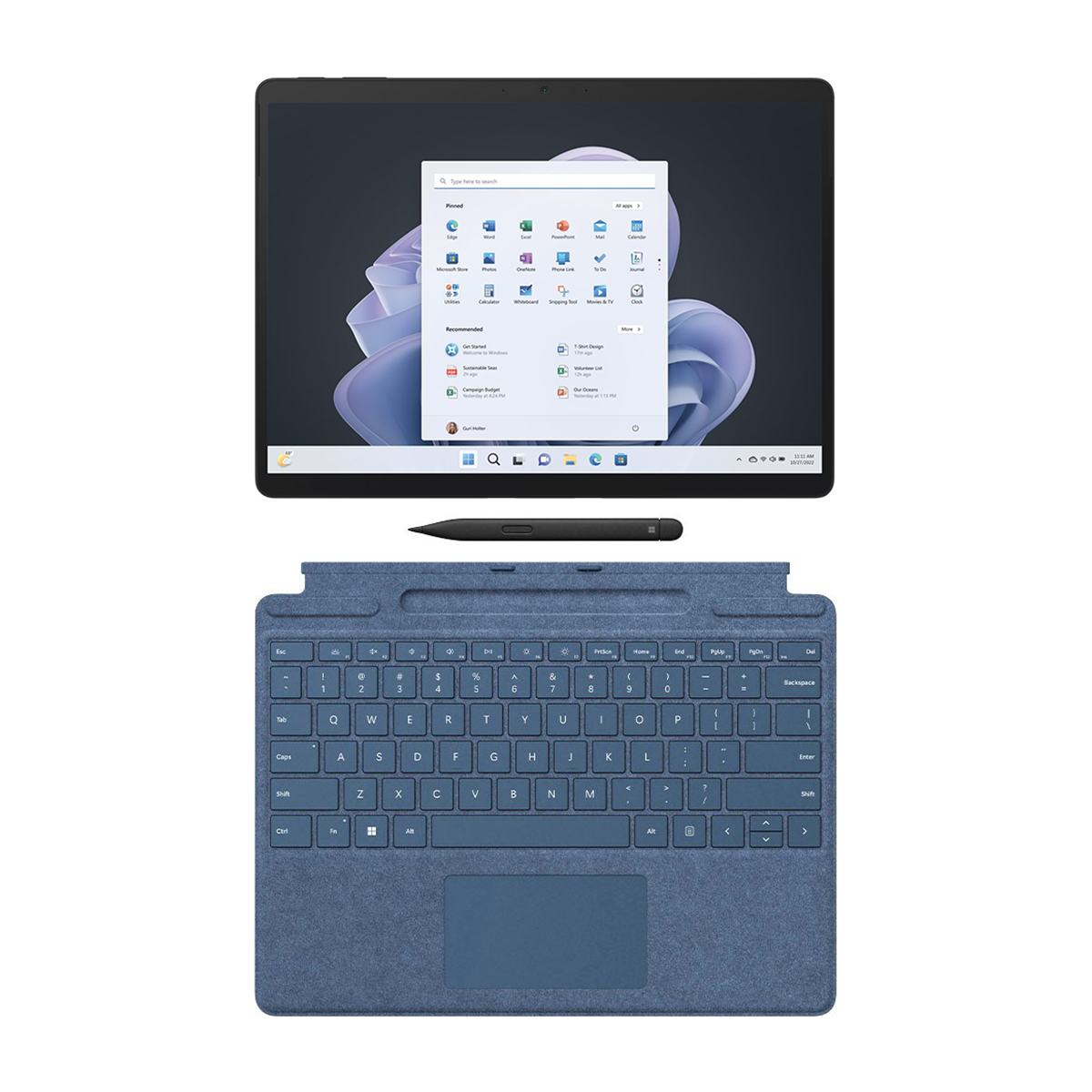 تبلت 13 اینچی مایکروسافت مدل Surface Pro 9 i5 ظرفیت 256 گیگابایت رم 8 گیگا‌بایت با کیبورد Signature Ice Blue و قلم Slim Pen 2-خاکستری تیره
