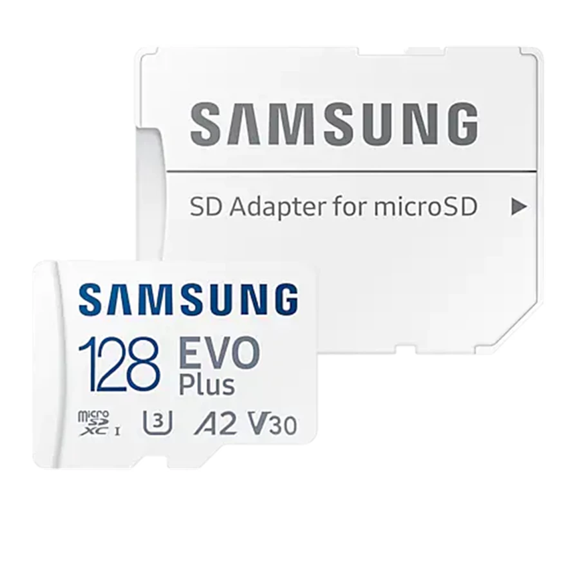 کارت حافظه microSDXC سامسونگ مدل Evo Plus A2 V30 کلاس 10 ظرفیت 128 گیگابایت به همراه آداپتور SD-سفید