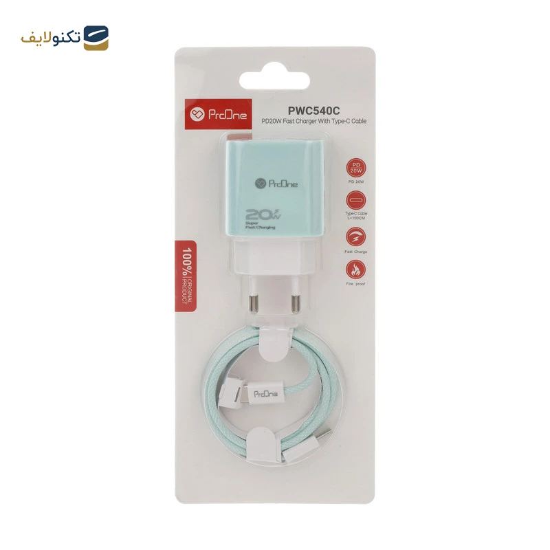 شارژر دیواری 20 وات پرووان مدل  PWC540C به همراه کابل تبدیل usb-c