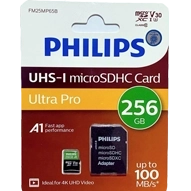 کارت حافظه microSDHC فیلیپس مدل Ultra Pro کلاس 10 استاندارد UHS-I U3 سرعت 100MB/s ظرفیت 256 گیگابایت به همراه آداپتور