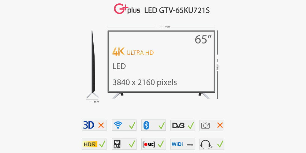 طراحی تلویزیون 65 اینچ UHD 4K جی‌پلاس مدل GTV-65KU721S