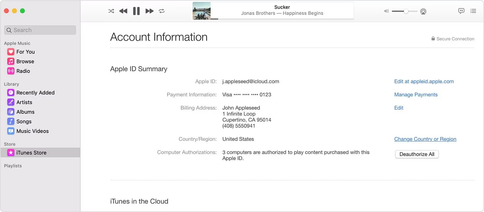 Music app showing Apple ID summary on Mac