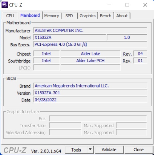 مادربرد لپ تاپ ایسوس مدل R1502ZA-BQ762 در CPU Z