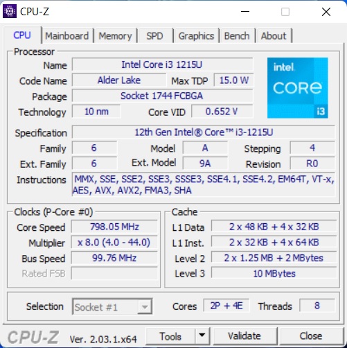 پردازنده لپ تاپ ایسوس مدل R1502ZA-BQ762 در CPU Z